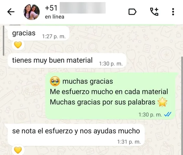Mensaje de una clienta: Tienes muy buen material. Se nota el esfuerzo y nos ayudas mucho