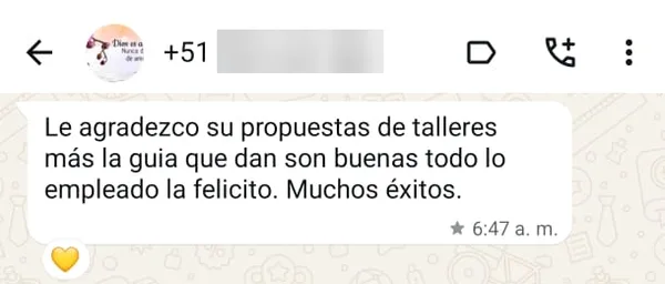 Mensaje de una clienta: Le agradezco sus propuestas de talleres, más la guía que dan son buenas, todo lo he empleado, la felicito. Muchos éxitos